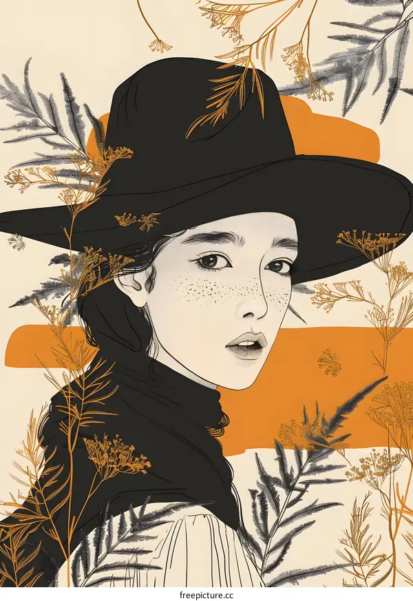 Autumn Woman with Hat and Flowers Illustration