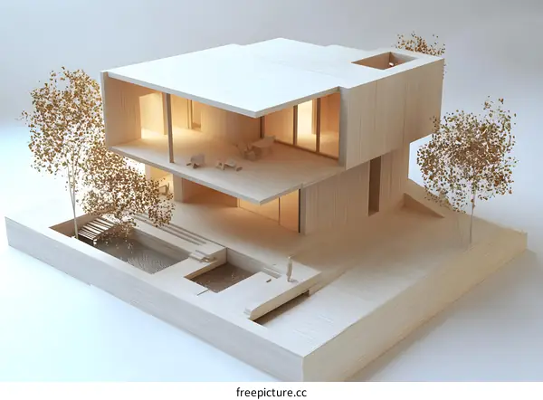 Modern Wooden House Model with Pool and Trees