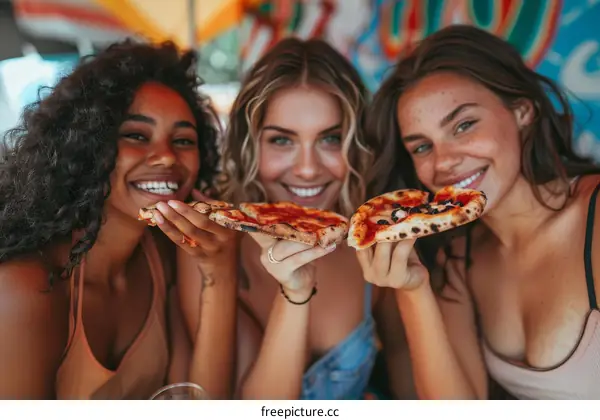 Three young women of different ethnicities are eating pizza and smiling.