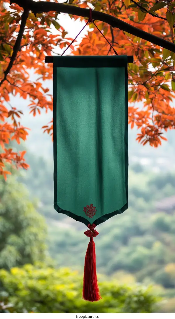 Hanging Green Banner with Red Tassels against Nature
