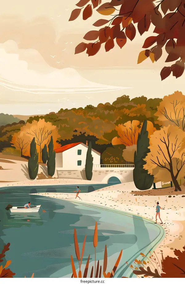 Autumn Landscape with People on the Beach and a House in the Background