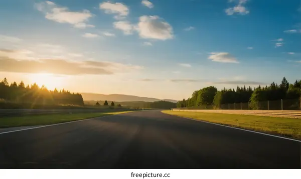 Sunlit race track with clear sky and lush greenery