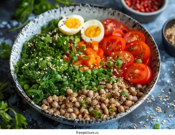 Wholesome vegan bowl with grains, vegetables and chia seeds
