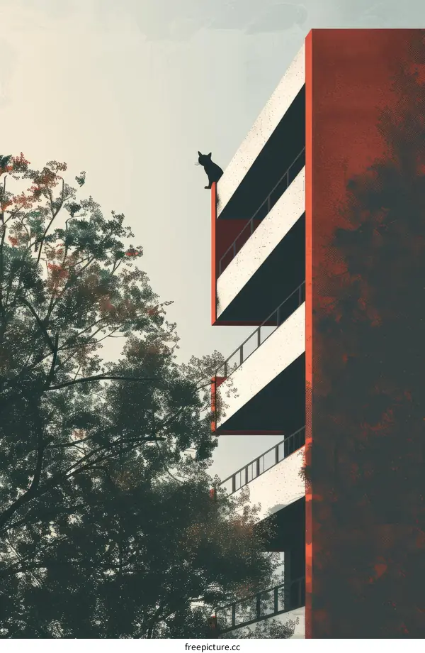 A black cat sits on the edge of a building overlooking a busy city street