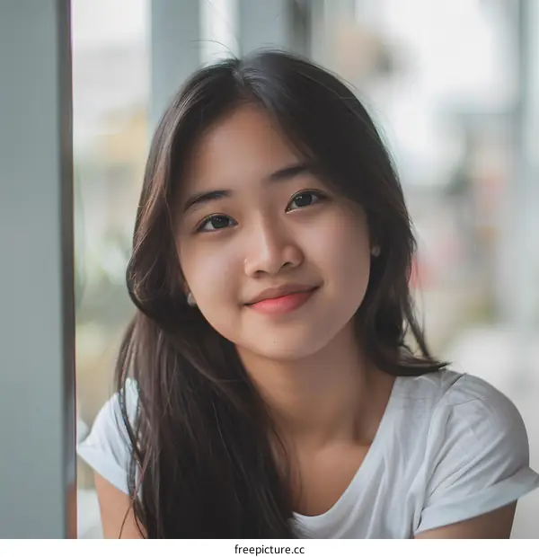 Smiling Asian Woman with Long Black Hair Wearing a White Shirt