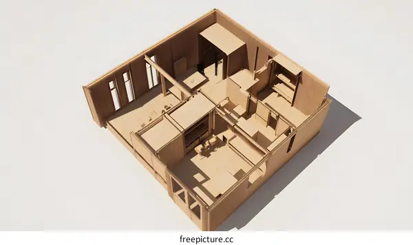 Model of a Modern Home Interior with Wooden Walls and a White Background