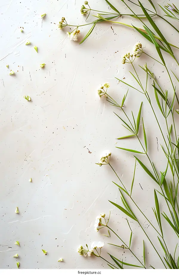 White Flowers and Green Leaves on White Background
