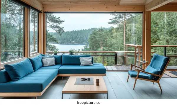 Modern Lakeside Living Room with Panoramic Views