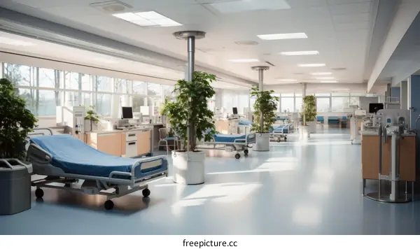 An illustration of a hospital room with empty beds and medical equipment