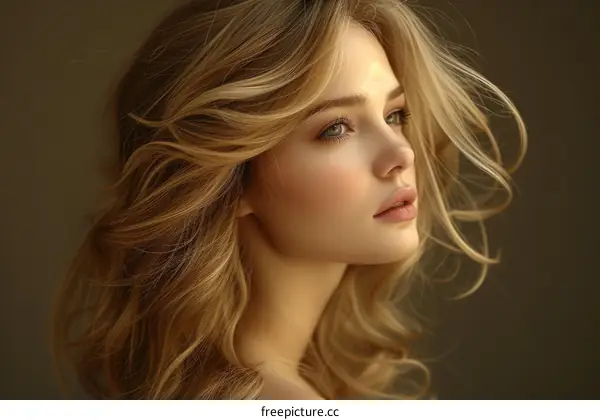 portrait of a beautiful blonde woman with long wavy hair
