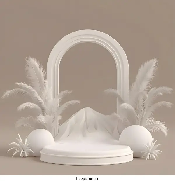 White 3D Render of Product Display With Arch and Mountain