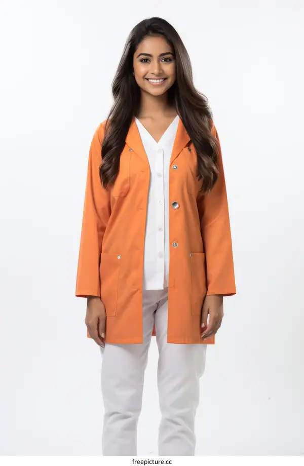 A young female doctor wearing an orange lab coat