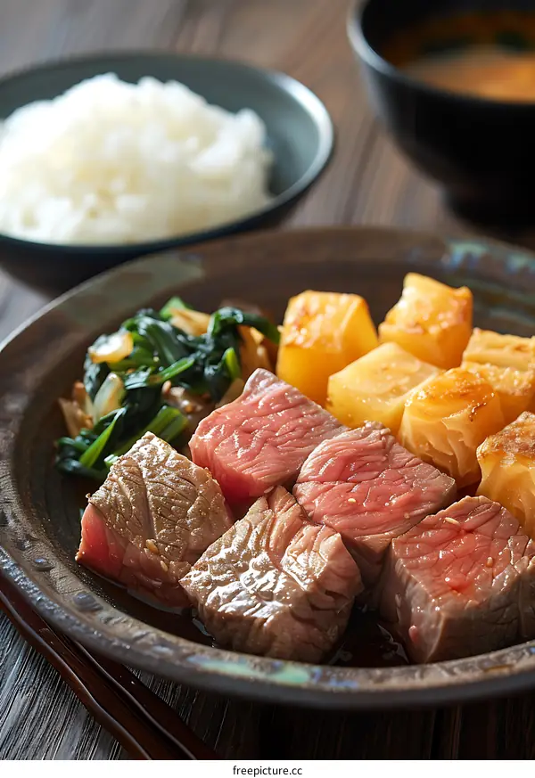 Japanese Steak Dinner with Potatoes and Spinach
