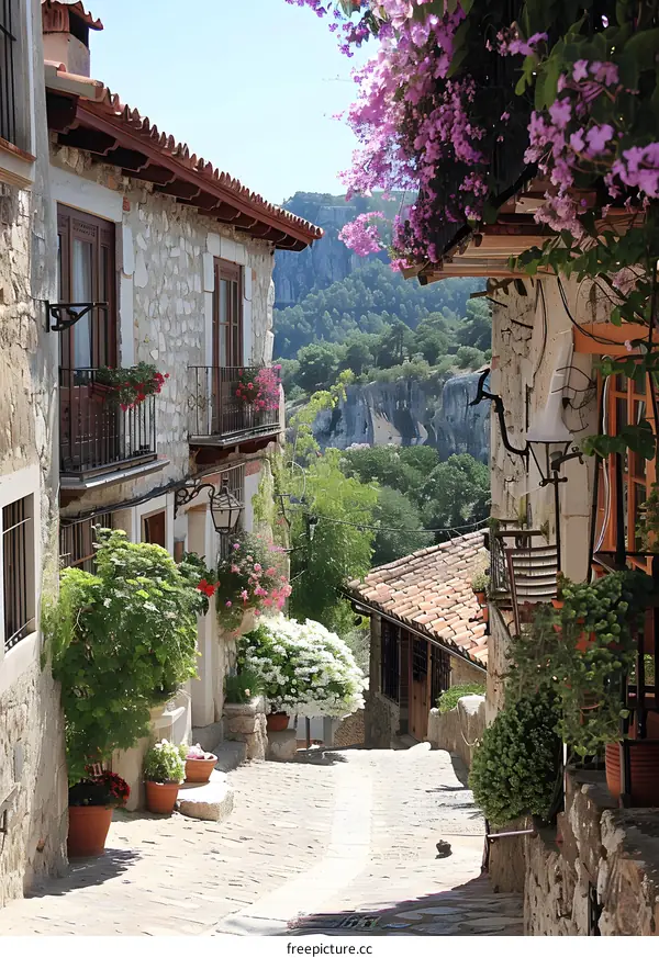 A beautiful stone house in a small village with flowers