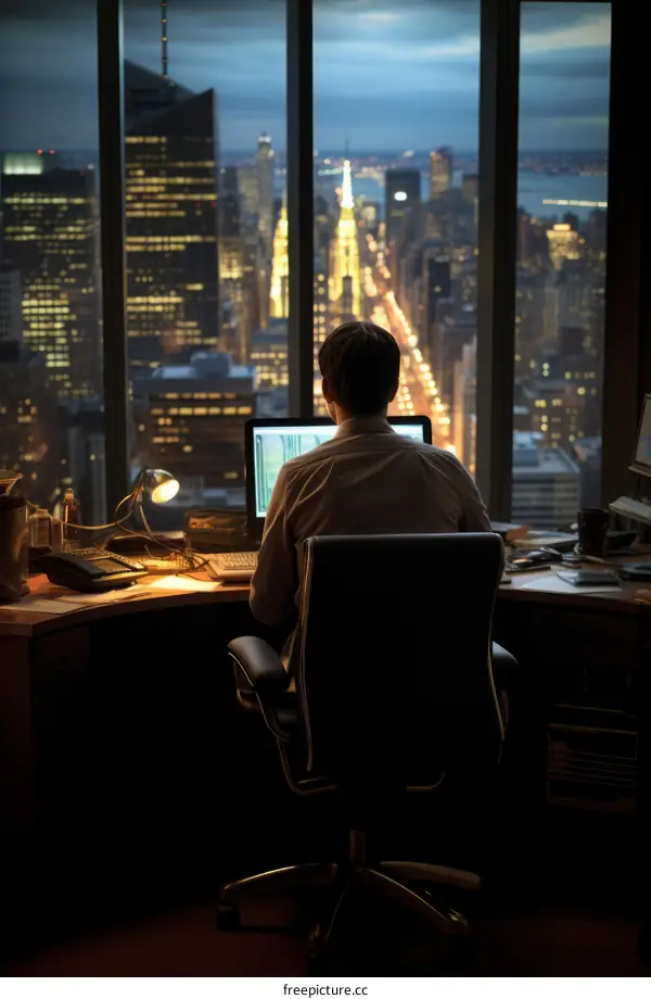 Man looking at the city from his office window at night