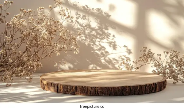 Natural Wooden Display Stand with Dried Flowers