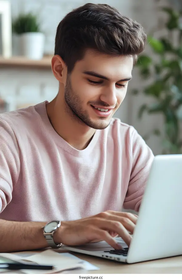 Smiling Young Man Using Laptop Computer in Office