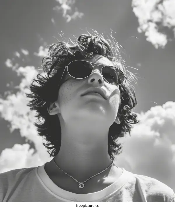 Black and white portrait of a boy looking up at the sky