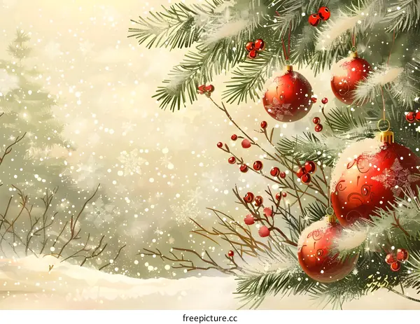 Christmas ornaments hanging on a snowy tree branch