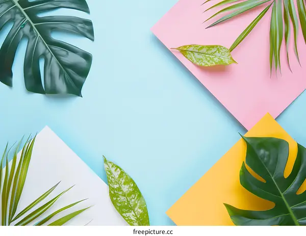 Tropical Leaves on Colorful Background