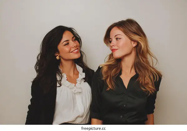 Two young women posing against a plain background