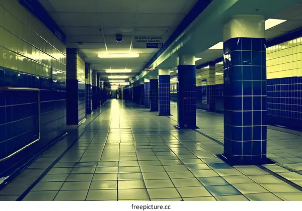 Blue Tiled Subway Corridor with Light at the End