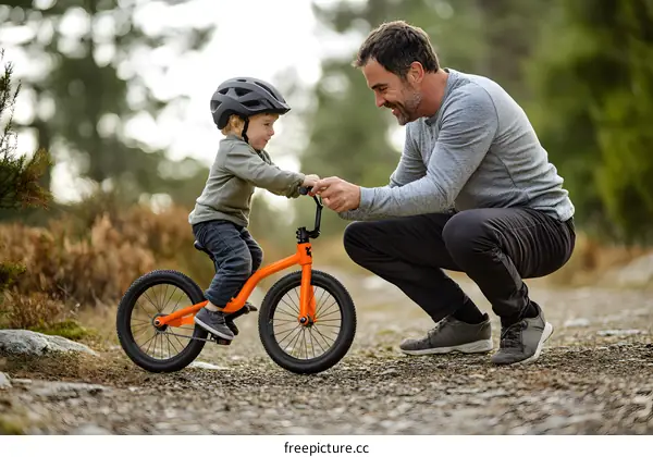 Father Teaching Son to Ride a Bike in the Forest
