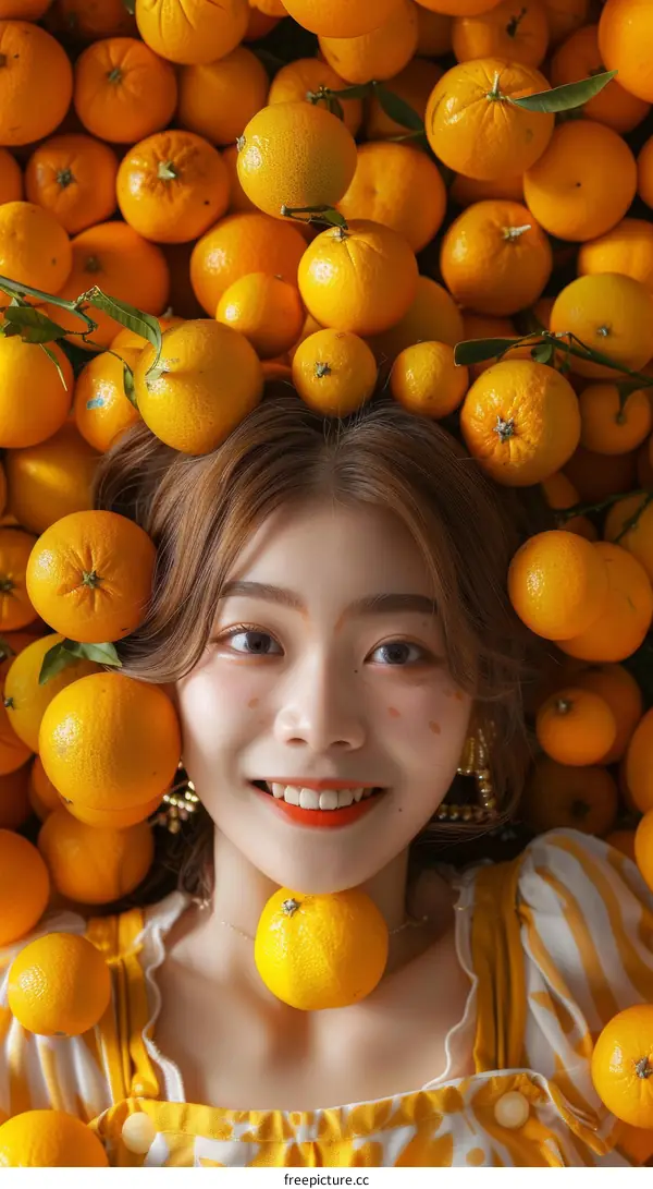 Young woman surrounded by oranges