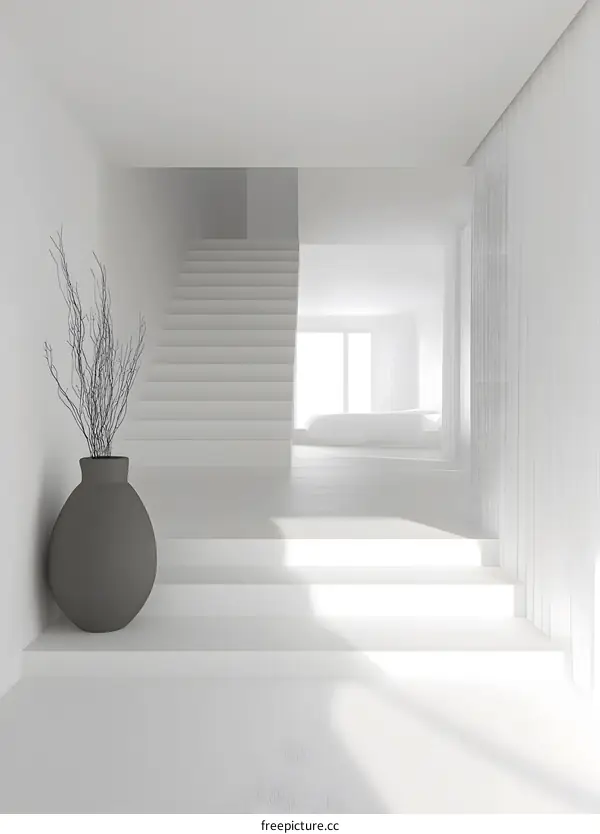 Minimalist White Interior Design with Stairs and a Vase
