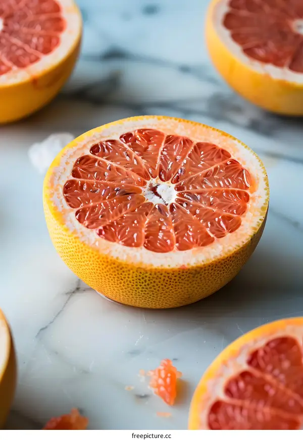 Freshly Cut Grapefruit Halves on Marble Surface