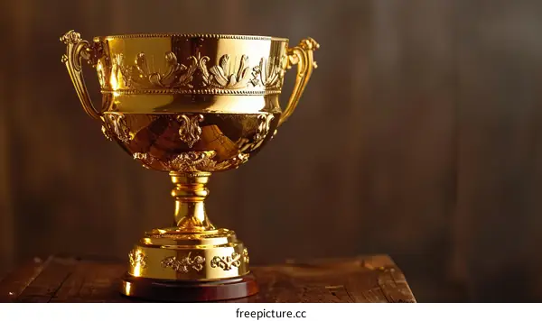 ornate gold trophy sitting on a wooden surface