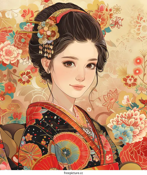 A beautiful Japanese woman in a kimono with a floral background