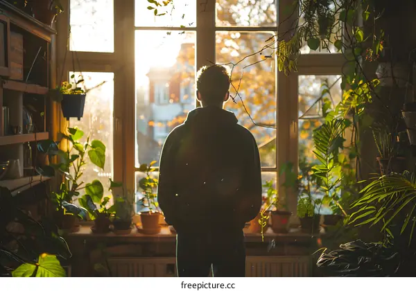 A person standing in front of a window looking at the city