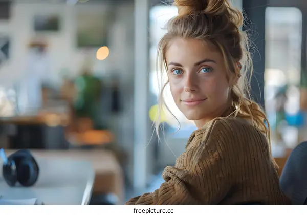 portrait of a young woman with blue eyes and freckles