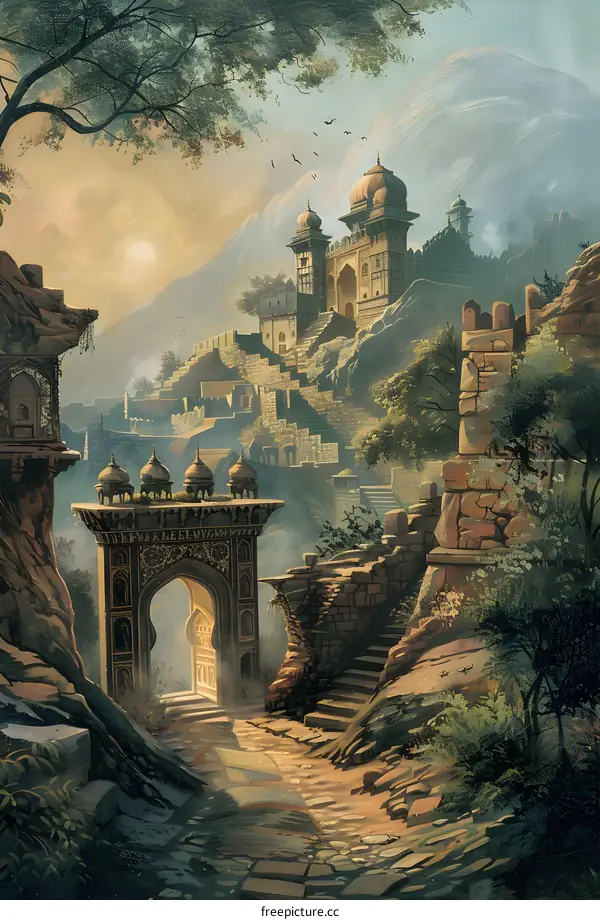 Ancient Indian Architecture Illustration With Palace and Gateway