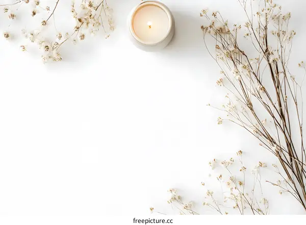 White Background with Dried Flowers and a Candle
