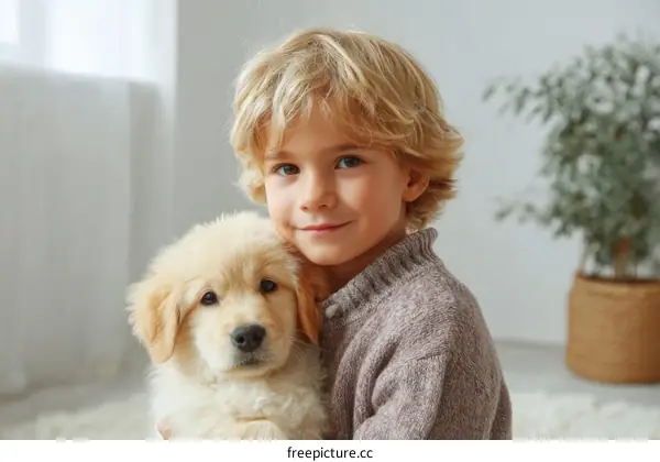 Smiling Boy Holding Puppy Indoor Portrait