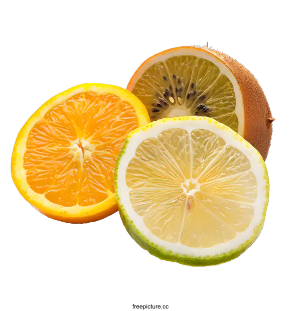 [Transparent Background PNG]Closeup of Sliced Lemon, Orange and Kiwi Fruit Isolated on White Background