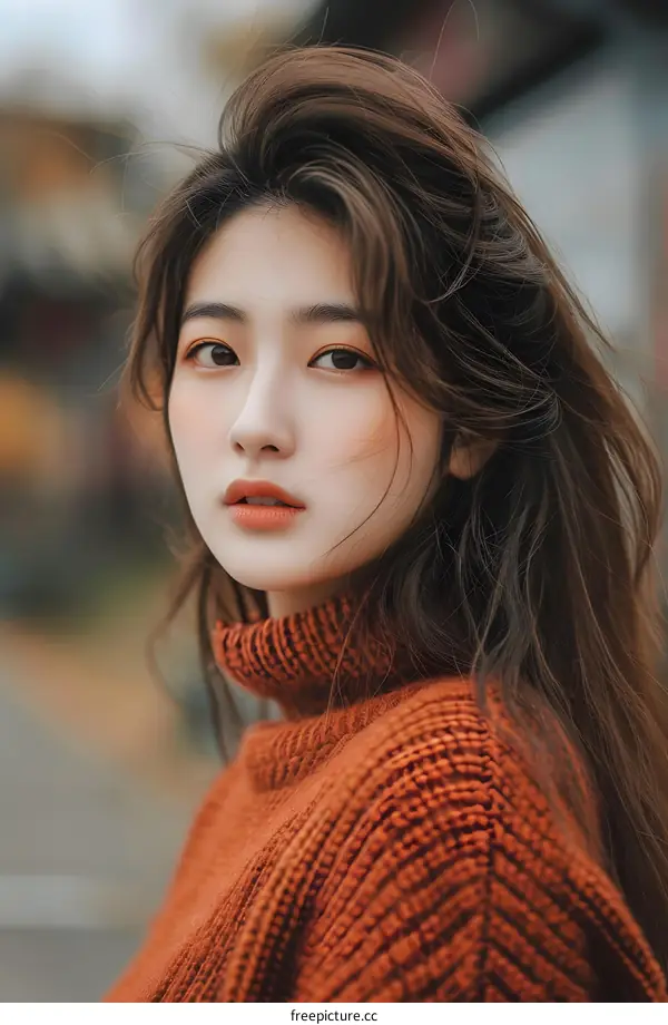 Portrait of a Young Asian Woman in a Knit Sweater