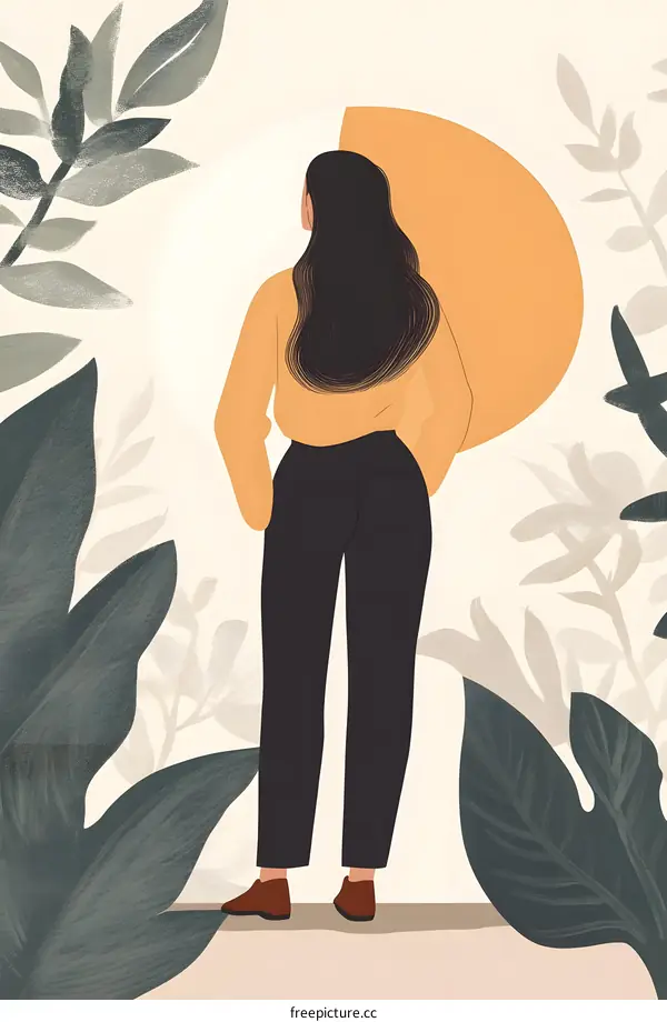 Woman Standing Backwards in a Garden Illustration