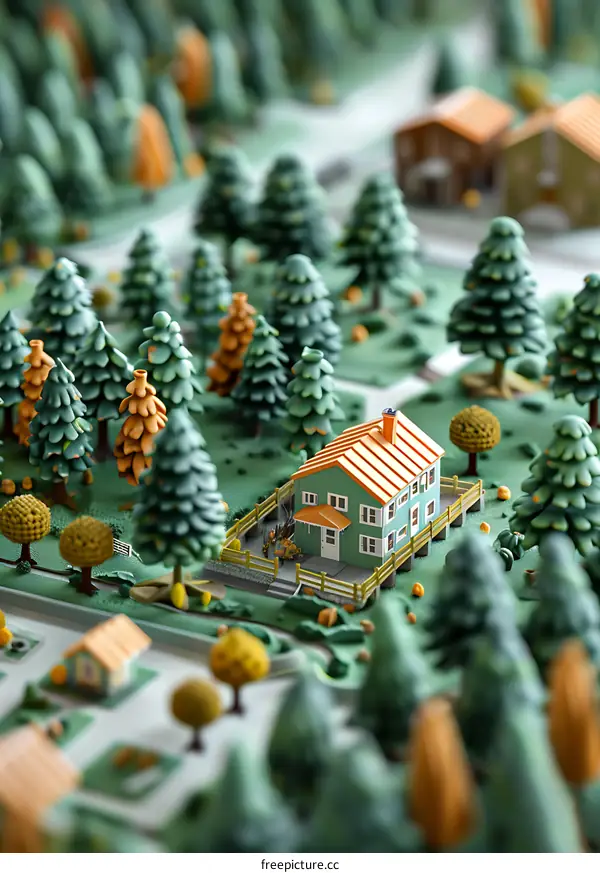 Green miniature houses in the forest