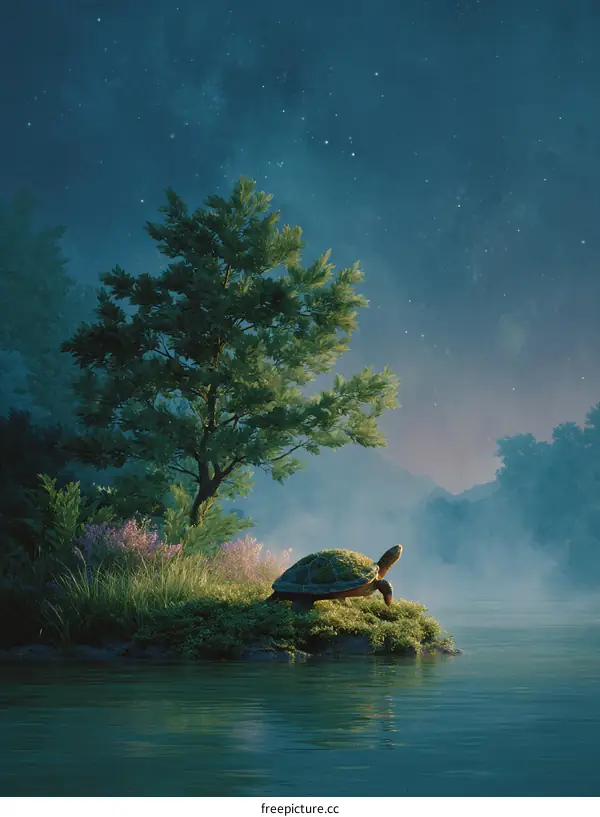 Peaceful Turtle on a Misty Lakeside Island at Night