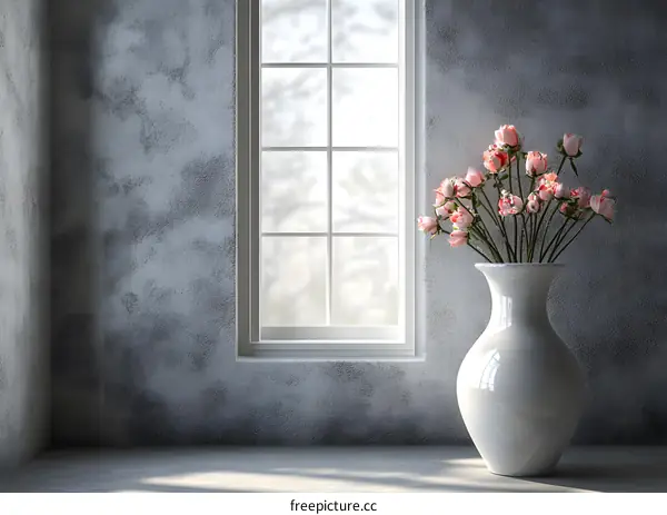 White Vase with Pink Roses Near Window