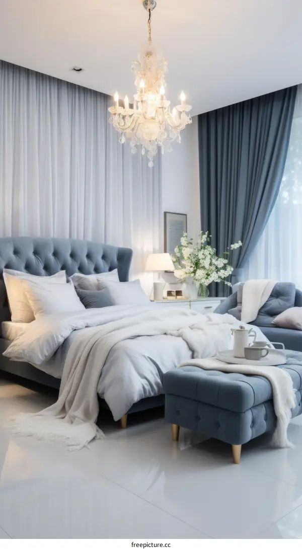 Elegant blue bedroom with tufted headboard and crystal chandelier
