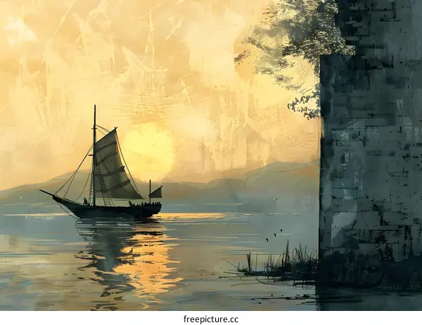 A boat is sailing on the sea with a large rock wall on the right and a large tree on the left