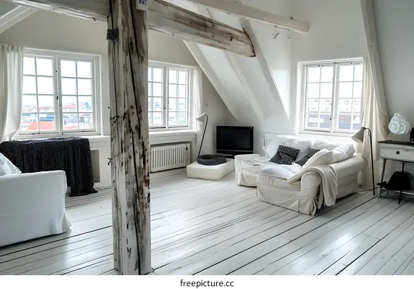 White Interior Design with Exposed Beams and Natural Light