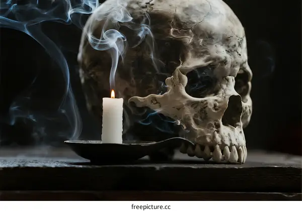 Human Skull with Burning Candle and Flowing Smoke
