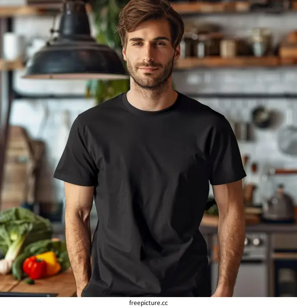 A young man standing in a kitchen with a confident smile on his face