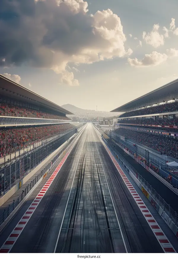 Aerial view of a Formula 1 race track with spectators in the stands