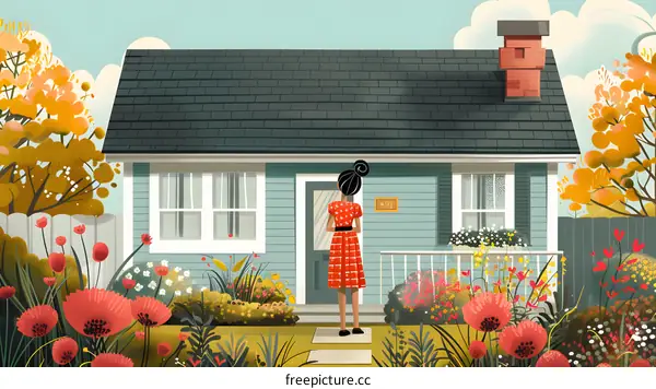 A woman standing in front of a house